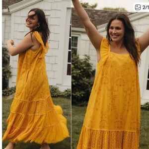 Anthropologie Payal Jain Fallon Tiered Eyelet Ruffled Maxi Dress Yellow Size 4